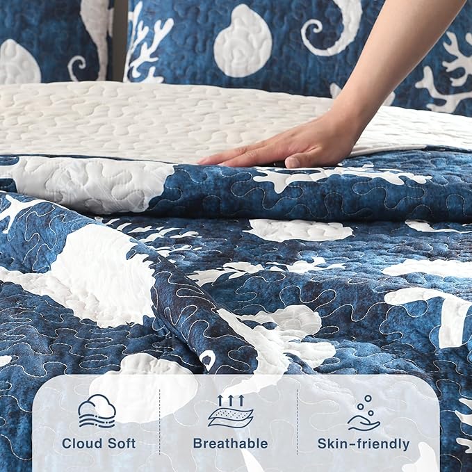 HORIMOTE HOME Coastal Quilt Bedding Set King Size, Reversible Navy Summer Beach Quilt Lightweight Ocean Nautical Comforter Tropical Bedspread Coverlet with 2 Pillow Shams for All Seasons (106"x96")