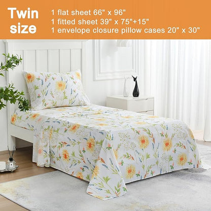 JSD Yellow Floral Printed Sheet Set Twin Size, 3 Piece Soft Botanical Microfiber Bedding Sheets Extra Deep Pocket