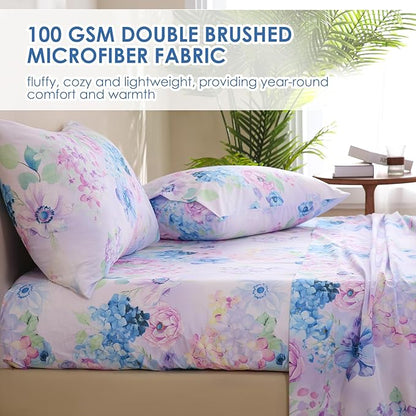 JSD Purple Hydrangea Floral Sheet Set Queen Size, 4 Piece Printed Microfiber Bed Sheets Deep Pocket