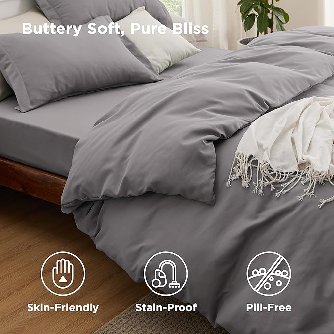 Bedsure Duvet Cover with Fitted Sheet King - Cooling Deep Pocket, Hotel Luxury Soft Double Brushed Bedding Set with Zipper Closure, 1 Duvet Cover, 1 Fitted Sheet, 2 Pillow Shams, NO Comforter, Grey