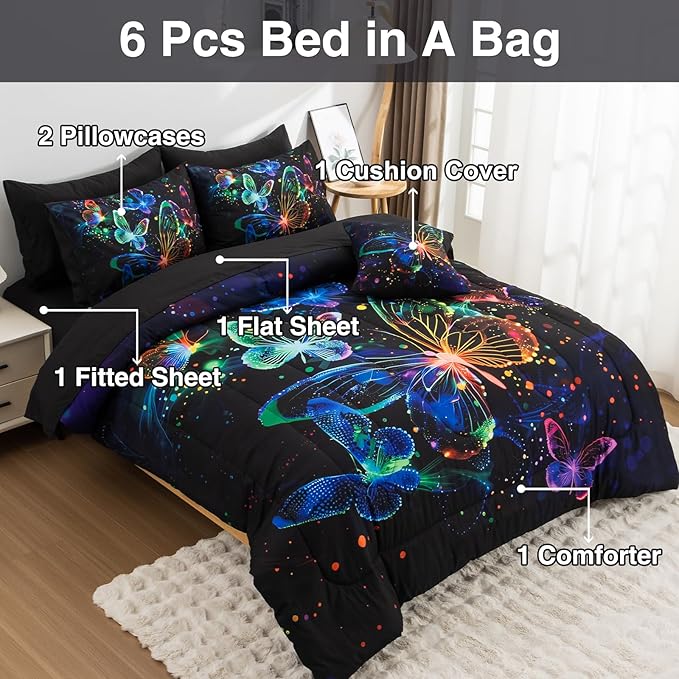 A Nice Night Galaxy Bedding Sets,3D Butterfly Flying in Space Printed,Like Glitter Butterflies 6pcs Bed in a Bag Twin Comforter Set, for Girls Boys Kids Teens