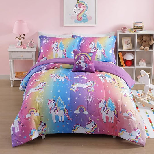 Full Size Comforter Set for Girls-4 Pieces Rainbow Unicorn Full Bedding Sets for Kids, 1 Comforter, 2 Shams and 1 Decor Pillow