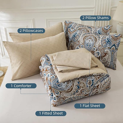 Drucon Brown Paisley Comforter Set Queen, 7 Pieces Bed in a Bag Comforter Boho Paisley Pattern Bedding Soft Microfiber Queen Size Comforter with Sheet & Pillowcase