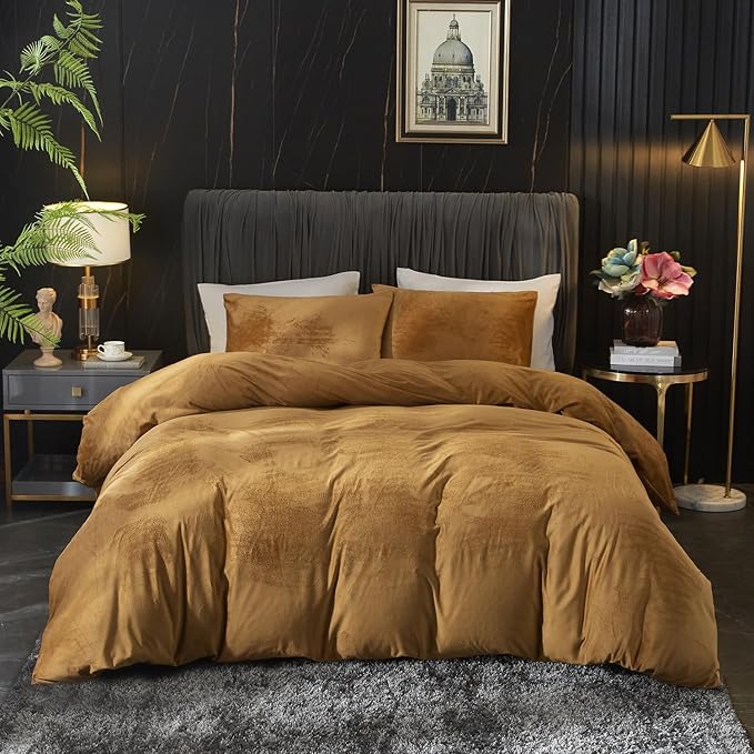 Ivellow Velvet Duvet Cover Queen Set Rust Velvet Duvet Cover Queen Comforter Cover 3Pcs Ultra Soft Duvet Cover Breathable Solid Luxury Flannel Velour Duvet Cover Zipper Closure Corner Tie