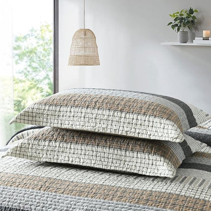 PANGUSHAN 100% Cotton Quilt Set King Size, Patchwork King Quilt Bedding Set Bedspreads, Farmhouse Lightweight Comforter Reversible Quilt, White/Brown/Grey Bed Spread for All Season, 3 Pieces