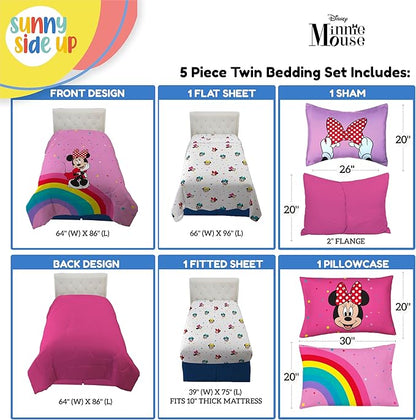 Sunny Side Up Disney Minnie Mouse Twin Comforter Set â€“ 5 Piece Kids Bedding Includes Comforter, Sheets & Pillow Cover â€“ Super Soft Rainbow Dots Microfiber Bed Set