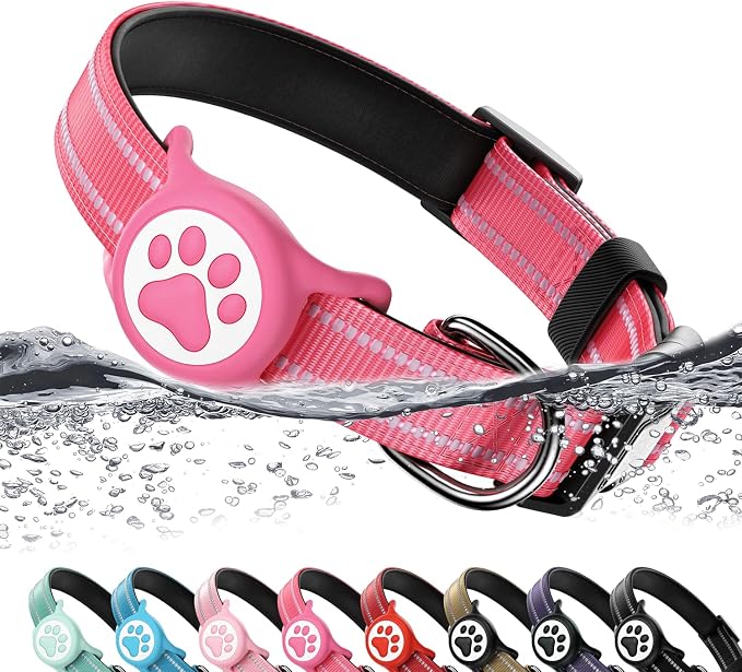 Airtag Dog Collar, Reflective Ultra-Durable Nylon Padded with QR Code Buckle & IP68 Waterproof Air Tag Holder Compatible for Apple AirTag, Comfortable for Small Medium Large Dogs(Hot Pink,L)