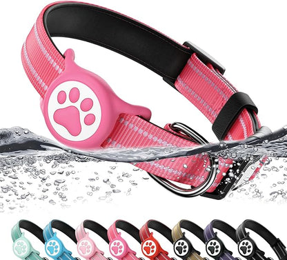 Airtag Dog Collar, Reflective Ultra-Durable Nylon Padded with QR Code Buckle & IP68 Waterproof Air Tag Holder Compatible for Apple AirTag, Comfortable for Small Medium Large Dogs(Hot Pink,L)