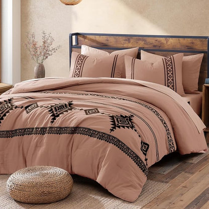 MaiRêve Embroidery Comforter Set, Boho Farmhouse Western Bedding Set, All Season Bed in A Bag Comforter Set with Sheets, Pillowcases & Shams, Dusty Pink Queen 7 Pieces