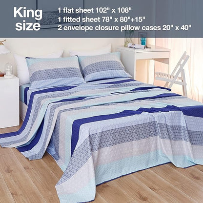 JSD Blue Striped Sheet Set King Size, 4 Piece Soft Printed Microfiber Sheet Set Extra Deep Pocket