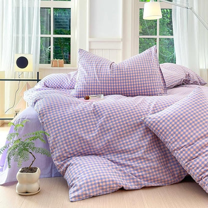 LifeTB Twin XL Comforter Set Purple Gingham Comforter with 2 Pillowcases Purple Pink Grid Plaid Comforter Set for Girls Women Fluffy Soft Lightweight Bedding Set Fluffy Checkered Comforter Twin XL