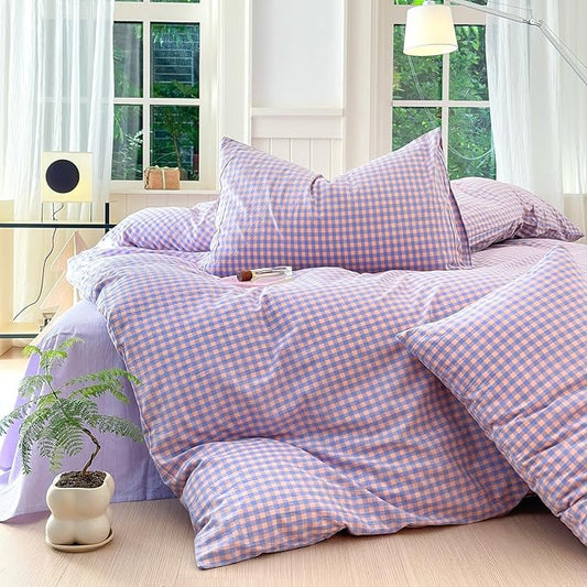 LifeTB Purple Gingham Comforter Queen Comforter Set Fluffy Soft Plaid Checkered Pattern Comforter Purple Pink Gingham Bedding Set Farmhouse Grid Plaid Comforter Set for All Seasons Queen Size