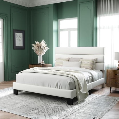 Allewie Full Size Platform Bed Frame with Velvet Upholstered Headboard | Wooden Slats Support, Fully Upholstered Mattress Foundation, No Box Spring Needed, Easy Assembly, Noise-Free, White