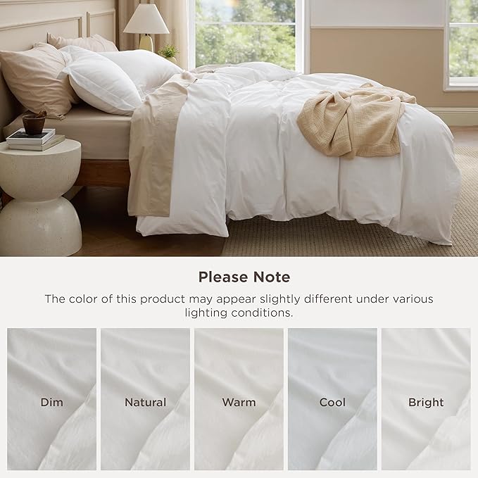Bedsure 100% Washed Cotton Duvet Cover Twin Size - Natural White Minimalist Bedding Set Linen Like - PureWoven Plain Simple & Soft Comforter Cover for All Seasons (Natural White, Twin, 68"x90")