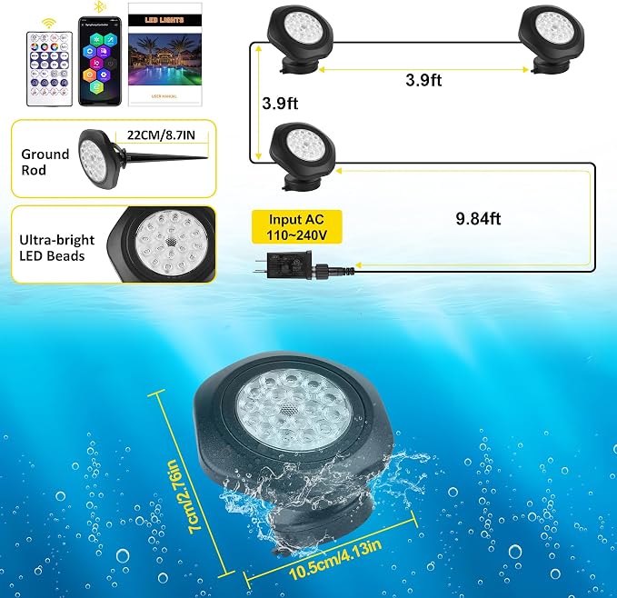T-SUN RGB Submersible Pond Lights with APP and Remote Control 3 Pack | IP68 Waterproof Dimmable Timer Color Changing Fountain Lights led Underwater Pond Lights for Outdoor Pond Koi Aquarium Garden