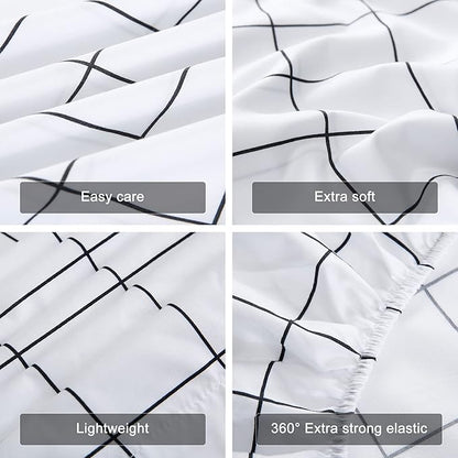 Best Season Printed Plaid Bed Sheet Set 4 Piece- Full Size- Breathable- Super Soft, Deep Pocket,Stain,Fade & Wrinkle Resistant Breathable Bedding Sheets Black Grid