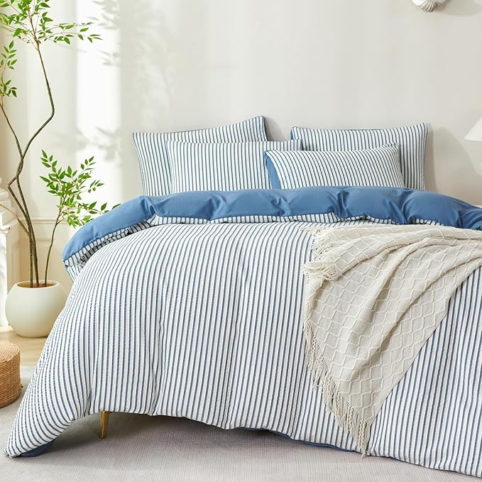 Comforter King Set Denim Blue Striped Soft Luxury Washed Microfiber Jacquard 3 Pieces Bedding, White Denim Blue Vertical Ticking Stripes Comforter with 2 Pillowcases Breathable Durable Comfy