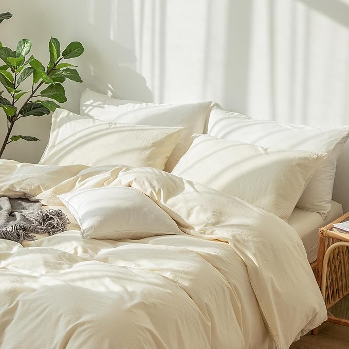 MooMee Bedding Pillowcases Pack of 2 100% Washed Cotton Linen Like Textured Breathable Durable Soft Comfy (Solid Cream White, King)