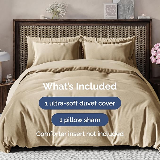 Duvet Cover Twin/Twin XL Size Set - Extra Soft Twin/Twin XL Duvet Cover 68" x 90" with 1 Pillow Sham - Hotel Luxury, Easy Care, Fade Free w/ Zipper Closures & Ties - Comfy & Breathable (Heathered Tan)