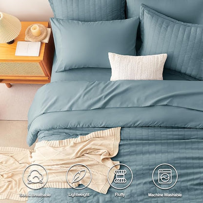 CozyLux Full Size Comforter Sets with Sheets 7 Pieces, Mineral Blue Seersucker Bed in a Bag Textured Luxury Soft Bedding Set with Down Alternative Comforter, Sheets, Pillowcases & Shams All Seasons