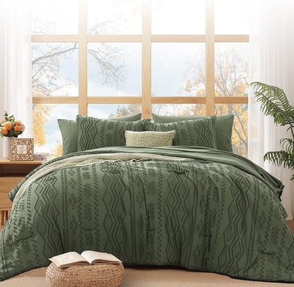 WRENSONGE Twin-XL Size Comforter Set with Sheets - 7 PiecesOlive Green Tufted Bed in a Bag Twin-XL Shabby Chic Bedding Sets with 1 Comforter, 2 Sheets, 2 Pillowcases & 2 Shams
