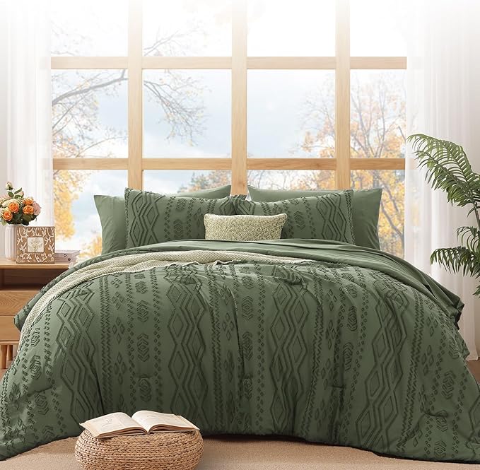 WRENSONGE King Size Comforter Set with Sheets - 7 Pieces Olive Green Tufted Bed in a Bag King Shabby Chic Bedding Sets with 1 Comforter, 2 Sheets, 2 Pillowcases & 2 Shams