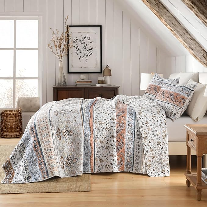 Boho Style King Quilt Set Mocha Brown Bohemian Floral Strip Quilt Beddding Set, Soft and Lightweight Bedspread for All Season, Oversize King Bed Coverlet with 2 Matching Pillow Shams (3 Pieces)