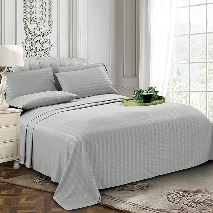 Elegant Comfort Softest and Coziest 6-Piece Sheet Set - 1500 Premium Hotel Quality Microfiber - Deep Pocket, Wrinkle Resistant 6-Piece Damask Stripe Bed Sheet Set, Queen, Silver
