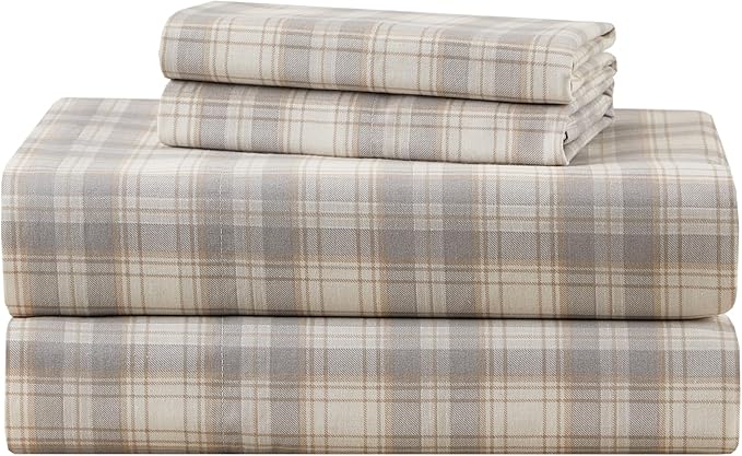 Comfort Spaces 100% Cotton Sheets King, Breathable, Naturally Cool Cotton Sheets, Soft Cotton Bed Sheets with 14" Elastic Pocket Fits up to 16" Mattress, All Seasons Sheet Set, Wesley Taupe 4 Piece