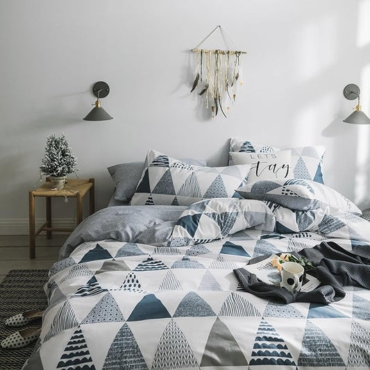 mixinni Full Comforter Sets Men Modern Style Gray Blue Triangle Bedding for Boys Teen Gilrs Geometric Comforter Bed Fluffy-Full Size