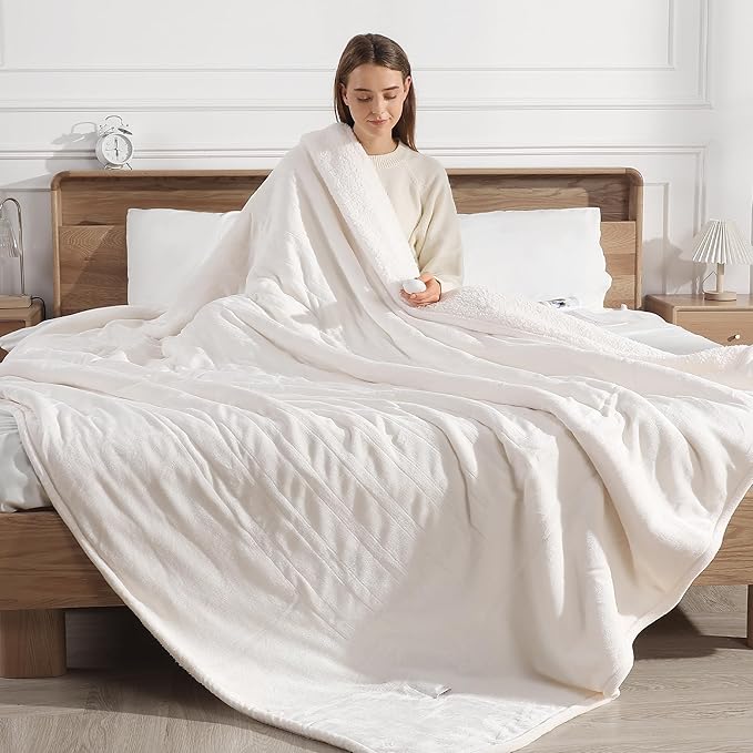 Queen Electric Blanket 84''X90'' Dual Control Heated Blanket - Soft Silky Plush Heating Blanket with 5 Heating Level & 10 Hour Auto Off, ETL Certified & Machine Washable for Grandma Gifts(Cream)