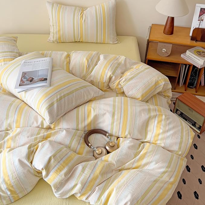 VM VOUGEMARKET Yellow Striped Duvet Cover Set Queen 100% Washed Cotton Bedding Set 3 Piece Colorful Pinstripes Comforter/Quilt Cover with Zipper Closure Corner Ties,Modern Cozy for Girls