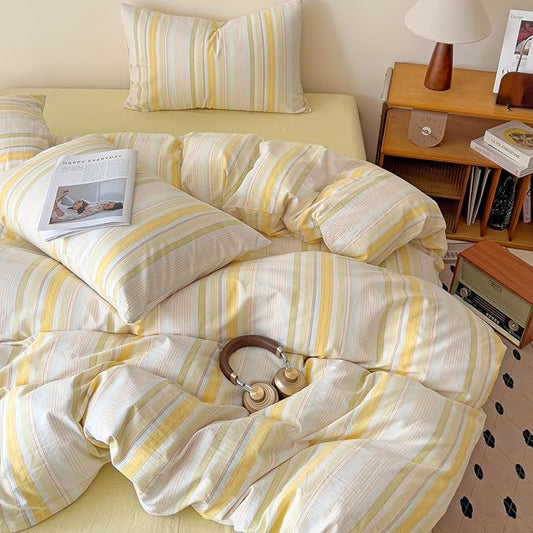 VM VOUGEMARKET Yellow Striped Duvet Cover Set Queen 100% Washed Cotton Bedding Set 3 Piece Colorful Pinstripes Comforter/Quilt Cover with Zipper Closure Corner Ties,Modern Cozy for Girls