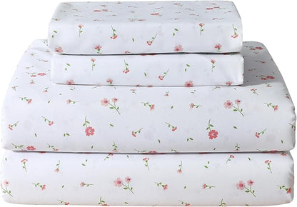 Softan Pink Flower Sheets for King Size Bed - 4 Piece Microfiber Floral Sheet Set with 15" Deep Pocket, Cute Pink Spring Flower Sheets and Pillowcase Set