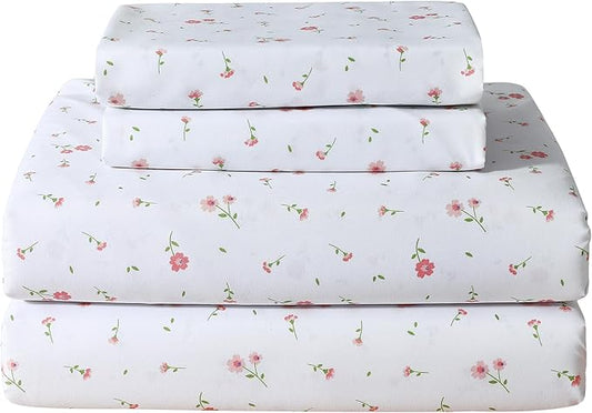 Softan Pink Flower Sheets for King Size Bed - 4 Piece Microfiber Floral Sheet Set with 15" Deep Pocket, Cute Pink Spring Flower Sheets and Pillowcase Set