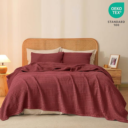 PHF 100% Cotton Waffle Weave Blanket Twin Size for Bed, Soft Lightweight & Breathable for Spring and Summer, All-Season Comfort, Luxury Aesthetic Blanket for Home Decor, 66"x90", Wine Red