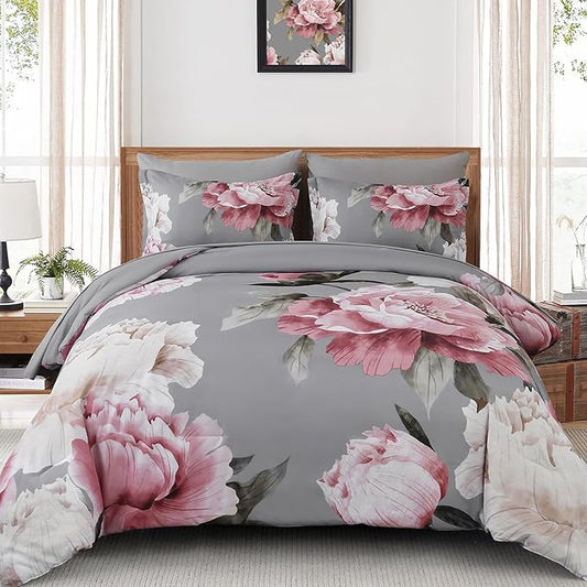 Dobuyly Pink and Grey Comforter Set Queen Size 7 Piece Bed in a Bag, Floral Printed on Gray Comforter Set with Sheets, Soft Microfiber Botanical Complete Bedding Set for All Season