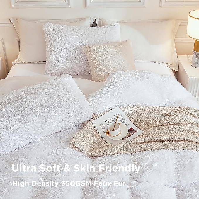 Andency White Comforter Full Size Set, 3 Pieces Fluffy Faux Fur Warm Soft Fuzzy Plush Bedding Comforter Set, Thick Heavy Puffy Comfy Bedding Sets