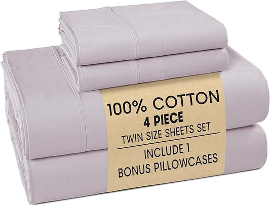 Casa Platino 100% Cotton Twin Size Sheets – Crisp Percale Sheets Twin with 2 Pillowcases, with 15" Deep Pocket Sheet for Secure Fit, Ultra Soft & Cozy, Excellent Quality & Fit – Grey Lavender