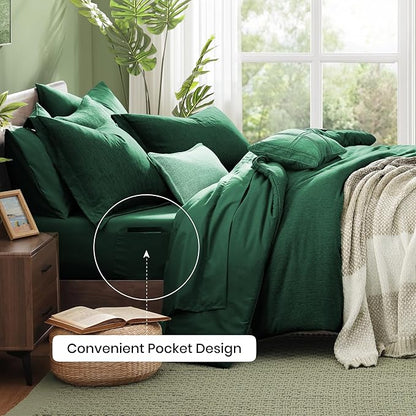 Monbix King Size Comforter Set, Emerald Green King Bedding Set Reversible, King Comforter Set 7 Pieces, Cationic Dyeing Bed in a Bag with Comforter, Sheets, Pillowcases & Shams