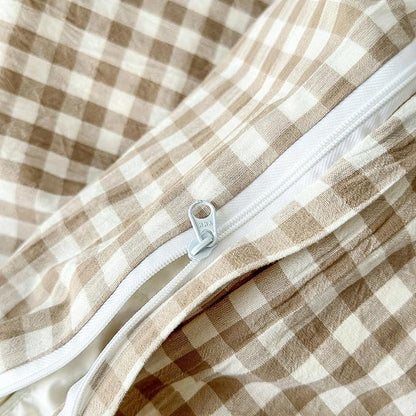 Tan Plaid Gingham Duvet Cover King 3 Pieces Checkered Grid Duvet Cover 100% Washed Cotton Beige Plaid Comforter Cover with Zipper Closure 2 Pillowcases Luxury Soft Gingham Bedding Set Breathable
