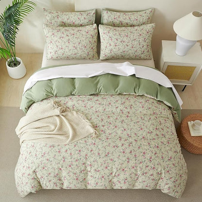 Comforter King Size Floral Soft 3 Pieces Chic Crinkle Gauze Fabric Garden Style Floral Print Botanical Comforter for All Seasons Luxury Warmth Comfy Breathable with 2 Pillowcases