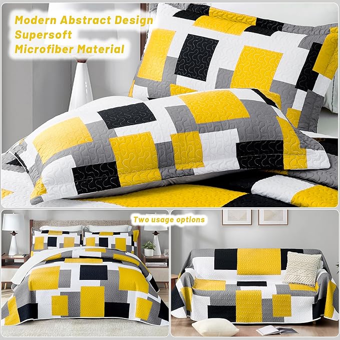 2 Piece Yellow Grey Quilt Set Twin Size Yellow Gray White Geometric Reversible Bedding Set Microfiber Lightweight Bedspread Coverlet with 1 Sham Modern Bed Cover for All Season, 68''x86''