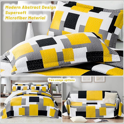 2 Piece Yellow Grey Quilt Set Twin Size Yellow Gray White Geometric Reversible Bedding Set Microfiber Lightweight Bedspread Coverlet with 1 Sham Modern Bed Cover for All Season, 68''x86''