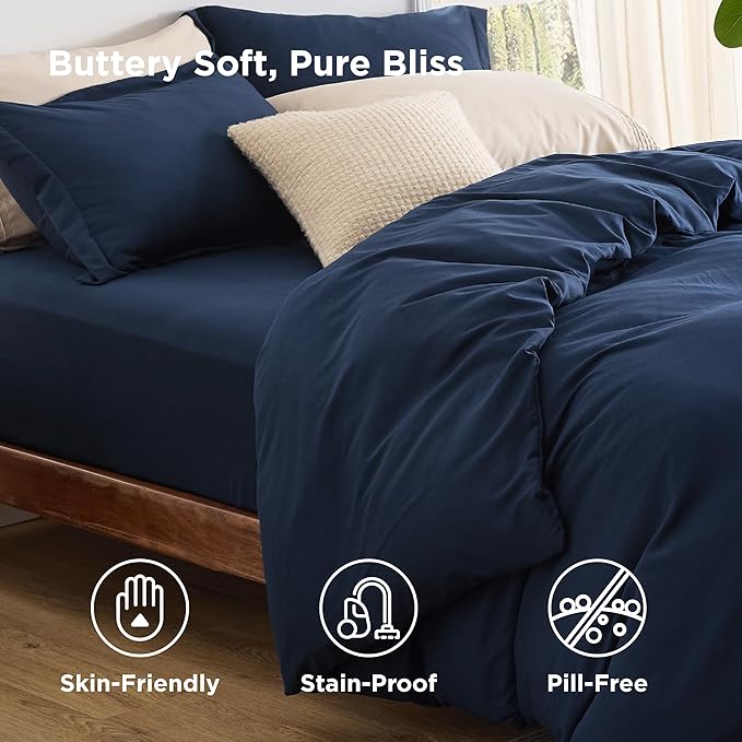 Bedsure Duvet Cover with Fitted Sheet Queen - Cooling Deep Pocket, Hotel Luxury Soft Double Brushed Bedding Set with Zipper Closure, 1 Duvet Cover, 1 Fitted Sheet, 2 Pillow Shams, NO Comforter, Blue