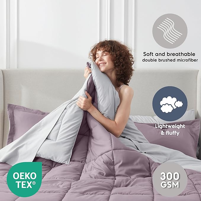 Nestl 7 Piece King Comforter Set – Dusty Purple Reversible Bed in a Bag – Complete King Size Bedding Set with Sheets, Pillowcases and Shams
