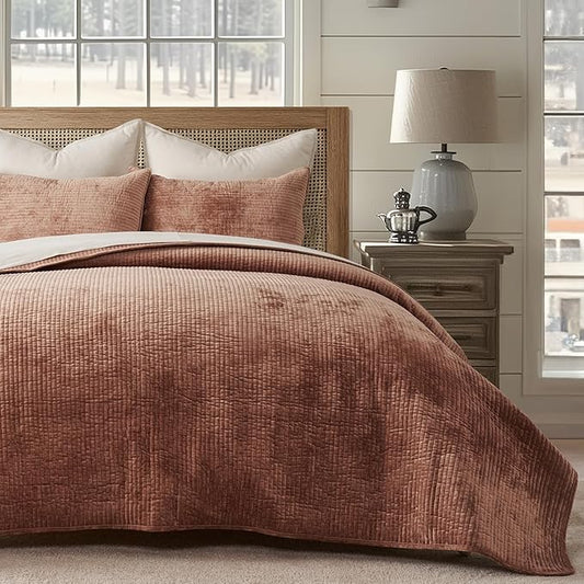 EVERGRACE Velvet Quilt Set Queen Size, Luxurious Soft Quilted Bedding Sets, Lightweight Velvet Comforter for All Season, Striped Channel Bedspread Coverlet with 2 Shams, Terracotta Clay