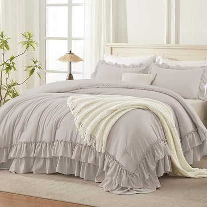 Andency Linen Grey King Comforter Set (104x90Inch), 3 Pieces Ruffle Bedding Set with 2 Pillowcases, Farmhouse Shabby Chic Lightweight Fluffy Soft All Season Bed Set