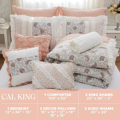 Madison Park Dawn 100% Cotton Shabby Chic Comforter Set-Modern Cottage Design All Season Down Alternative Bedding, Matching Shams, Bedskirt, Decorative Pillows, Cal King(104"x92"), Blush 9 Piece