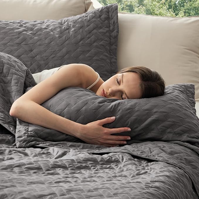 Bedsure Quilts King Size - Grey Bedspreads King Size with Basket Weave Pattern, Soft Quilt Bedding Set, Lightweight Comforter Set Coverlet for All Seasons with 2 Pillow Shams (106" x 96") | Skin-Friendly Soft, All-Season Comfort, Breathable, Lightweigh...